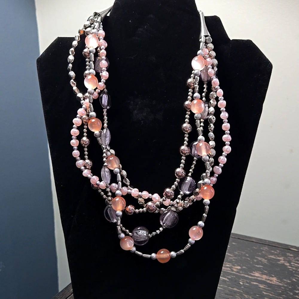 Pink &‎ Silver Multi-Strand Beaded Necklace
